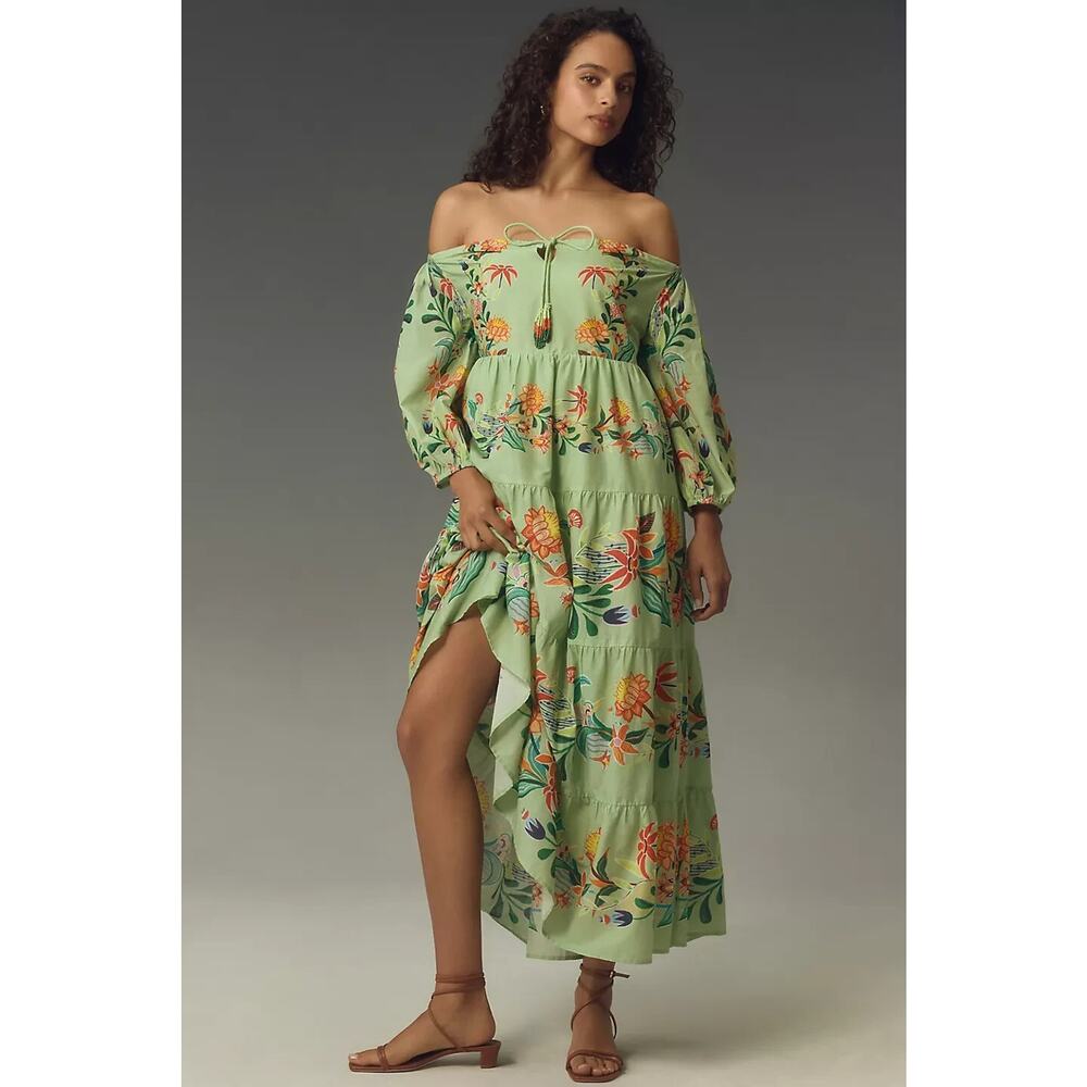 NWT Farm Rio Anthropologie Off-The-Shoulder Tiered Floral Midi Dress Sz M #7C459